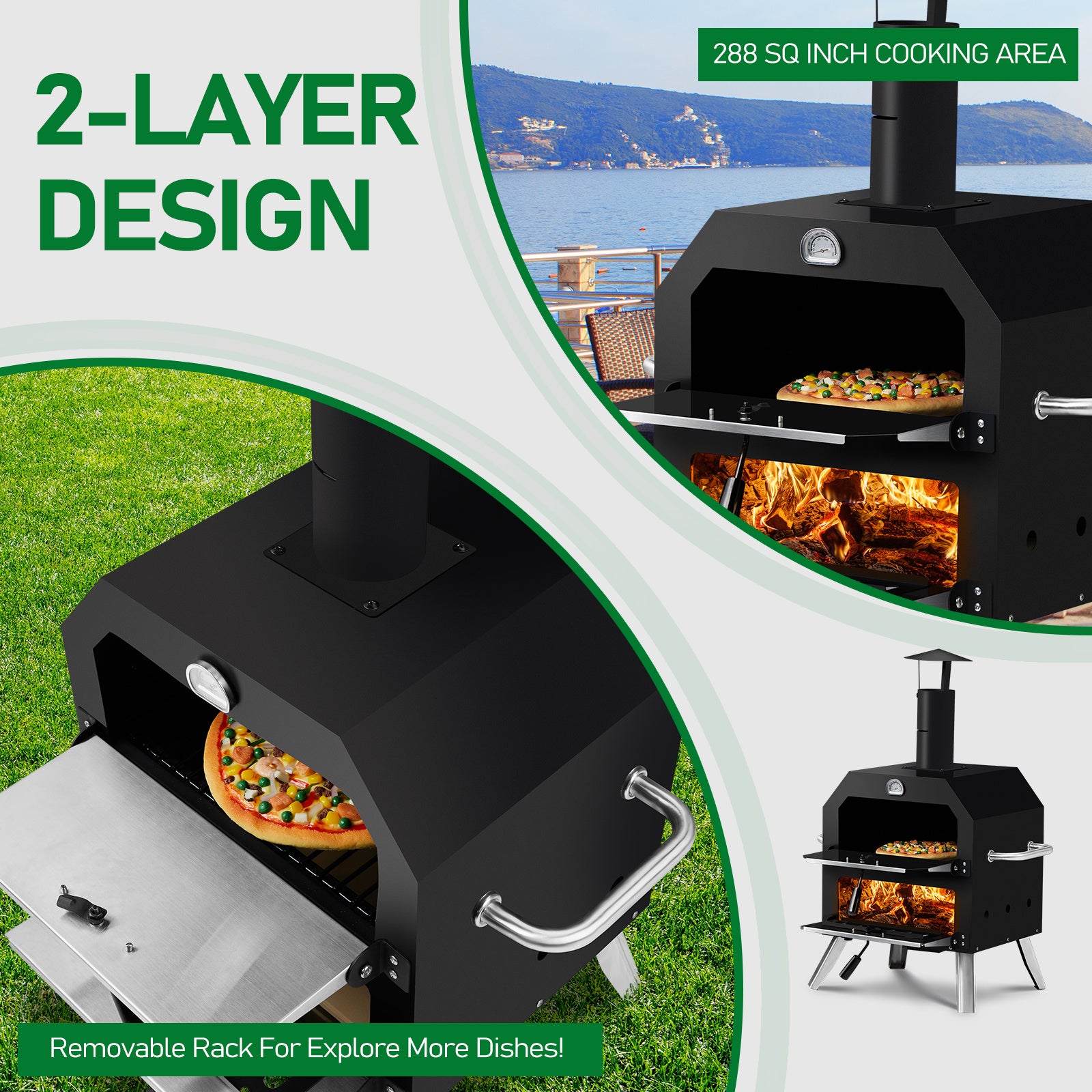 Portable Outdoor Pizza Oven – Double Layer, Folding Legs, Built-in Thermometer