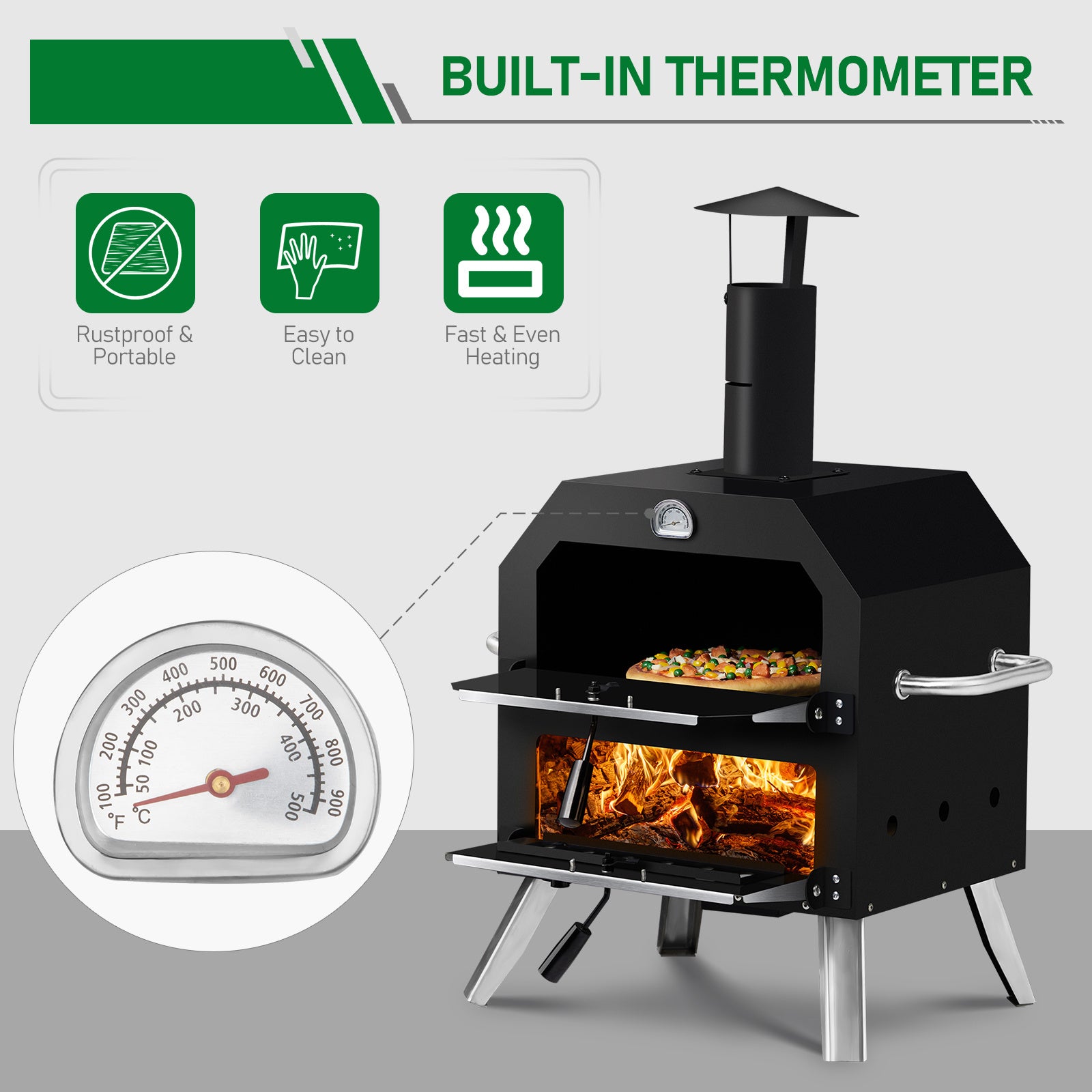 Portable Outdoor Pizza Oven – Double Layer, Folding Legs, Built-in Thermometer