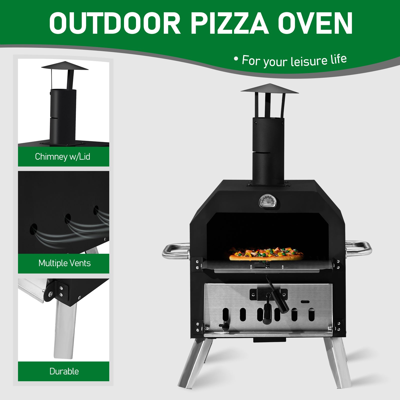 Portable Outdoor Pizza Oven – Double Layer, Folding Legs, Built-in Thermometer