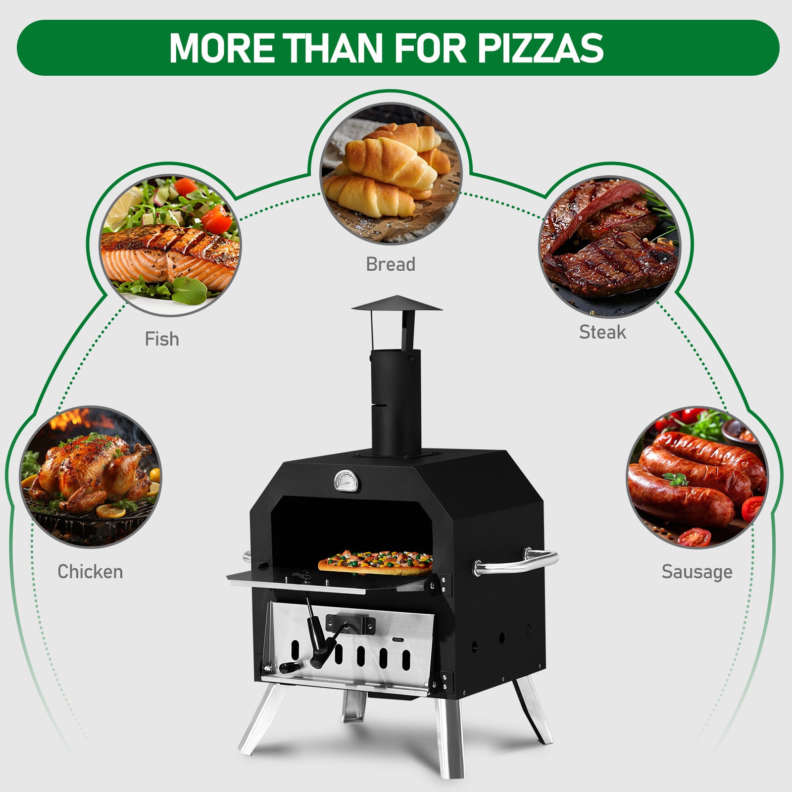 Portable Outdoor Pizza Oven – Double Layer, Folding Legs, Built-in Thermometer
