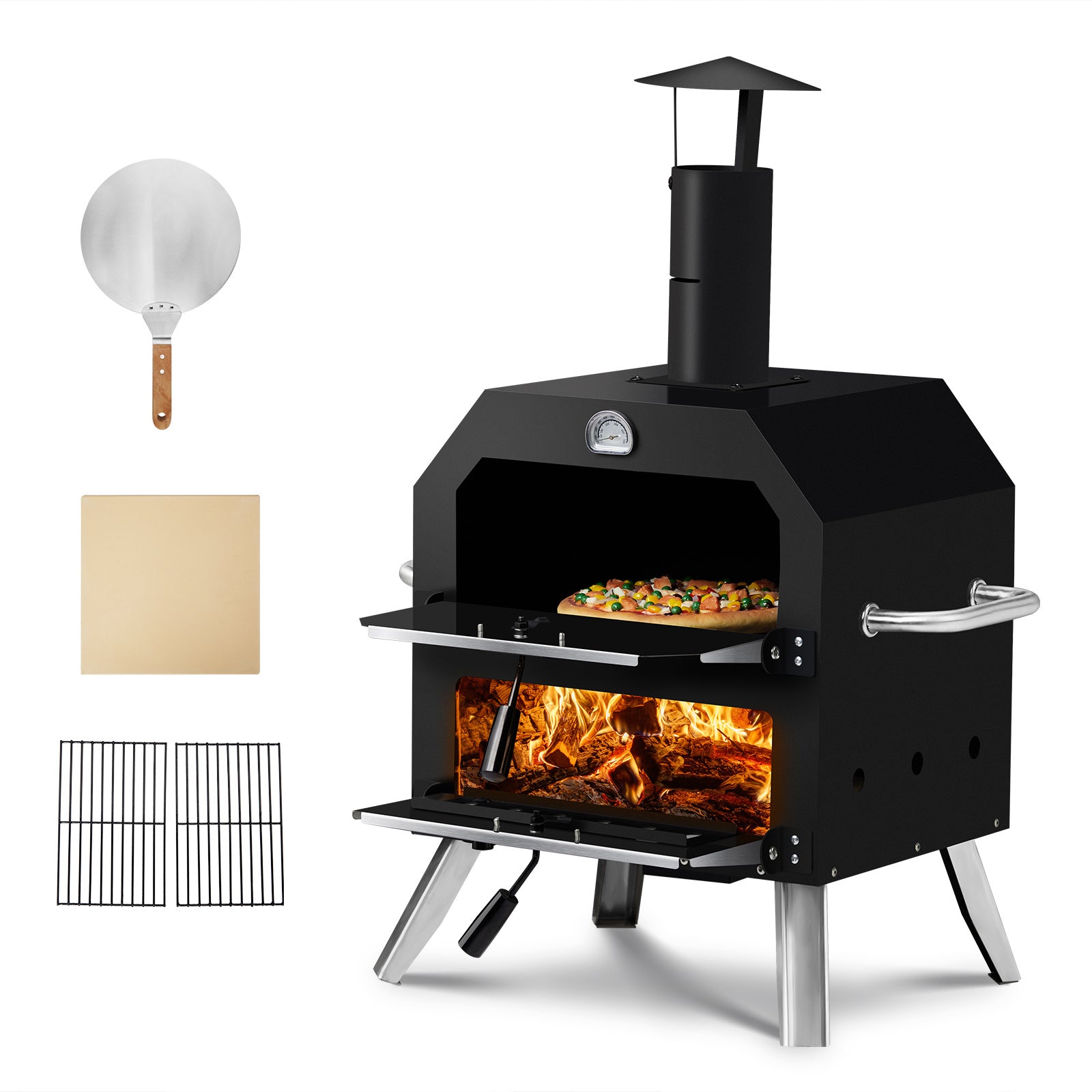 Portable Outdoor Pizza Oven – Double Layer, Folding Legs, Built-in Thermometer