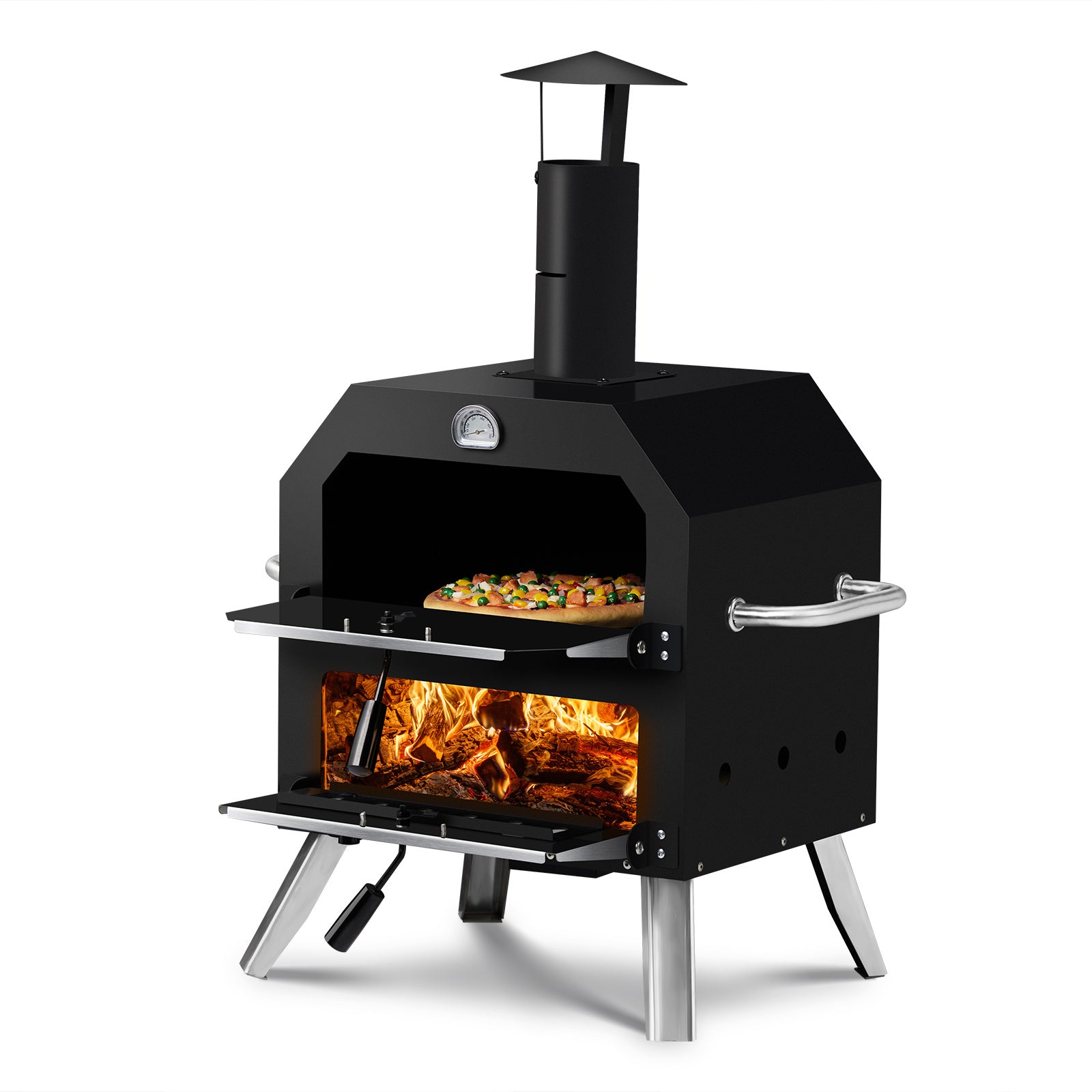 Portable Outdoor Pizza Oven – Double Layer, Folding Legs, Built-in Thermometer