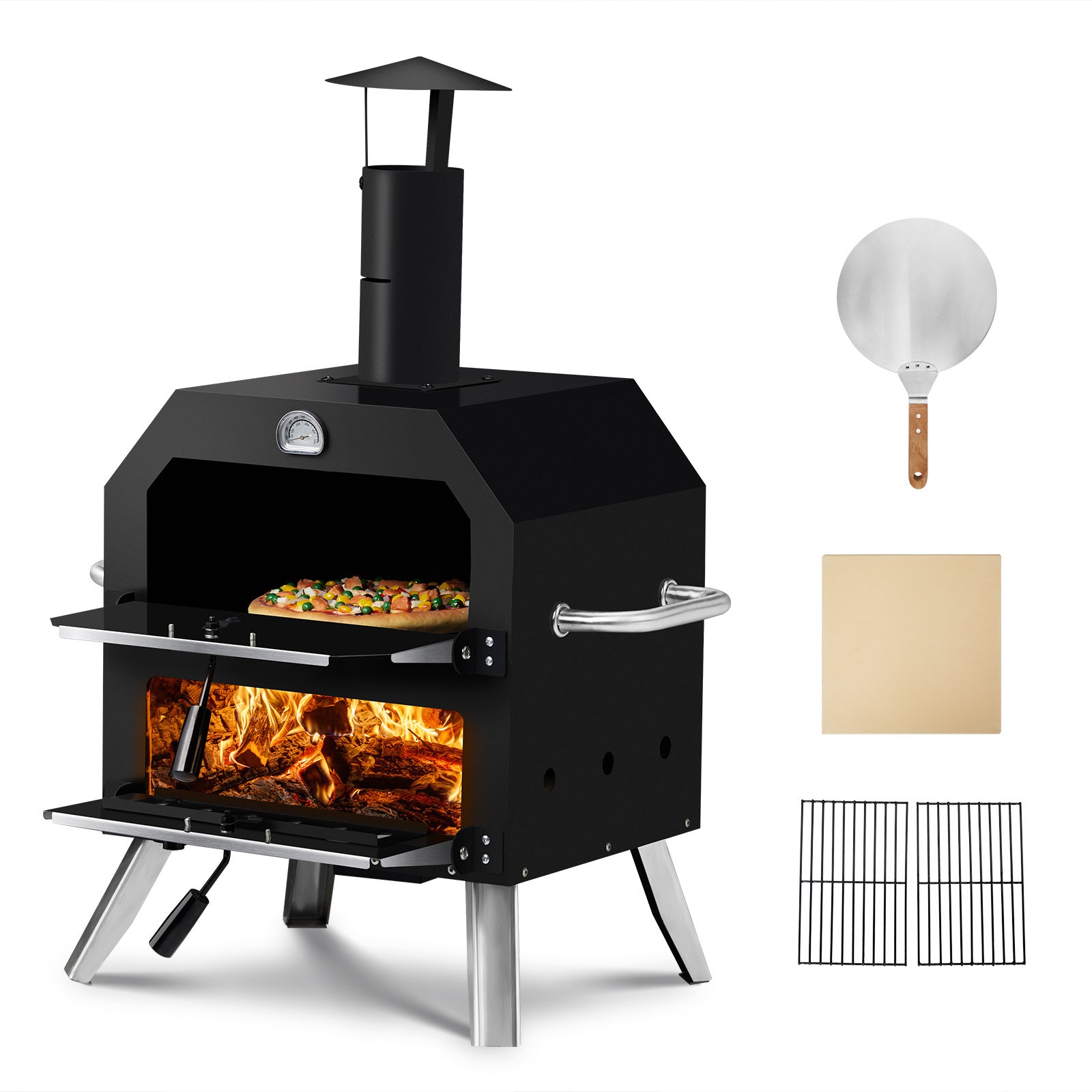 Portable Outdoor Pizza Oven – Double Layer, Folding Legs, Built-in Thermometer