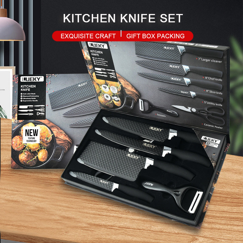 6-Piece Diamond Pattern Kitchen Knife Set – Non-Stick Coating