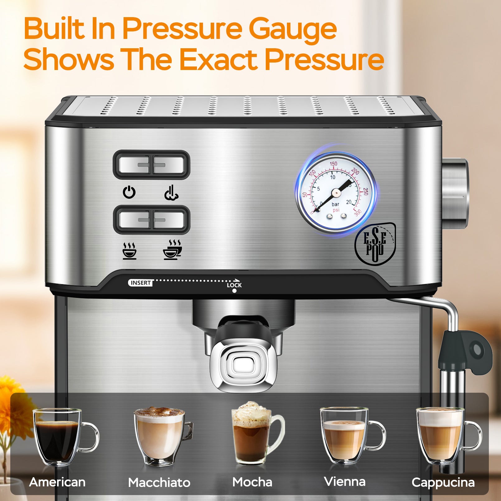 Stainless Steel Espresso Coffee Maker – 20 Bar Pressure with Steam Wand Frother