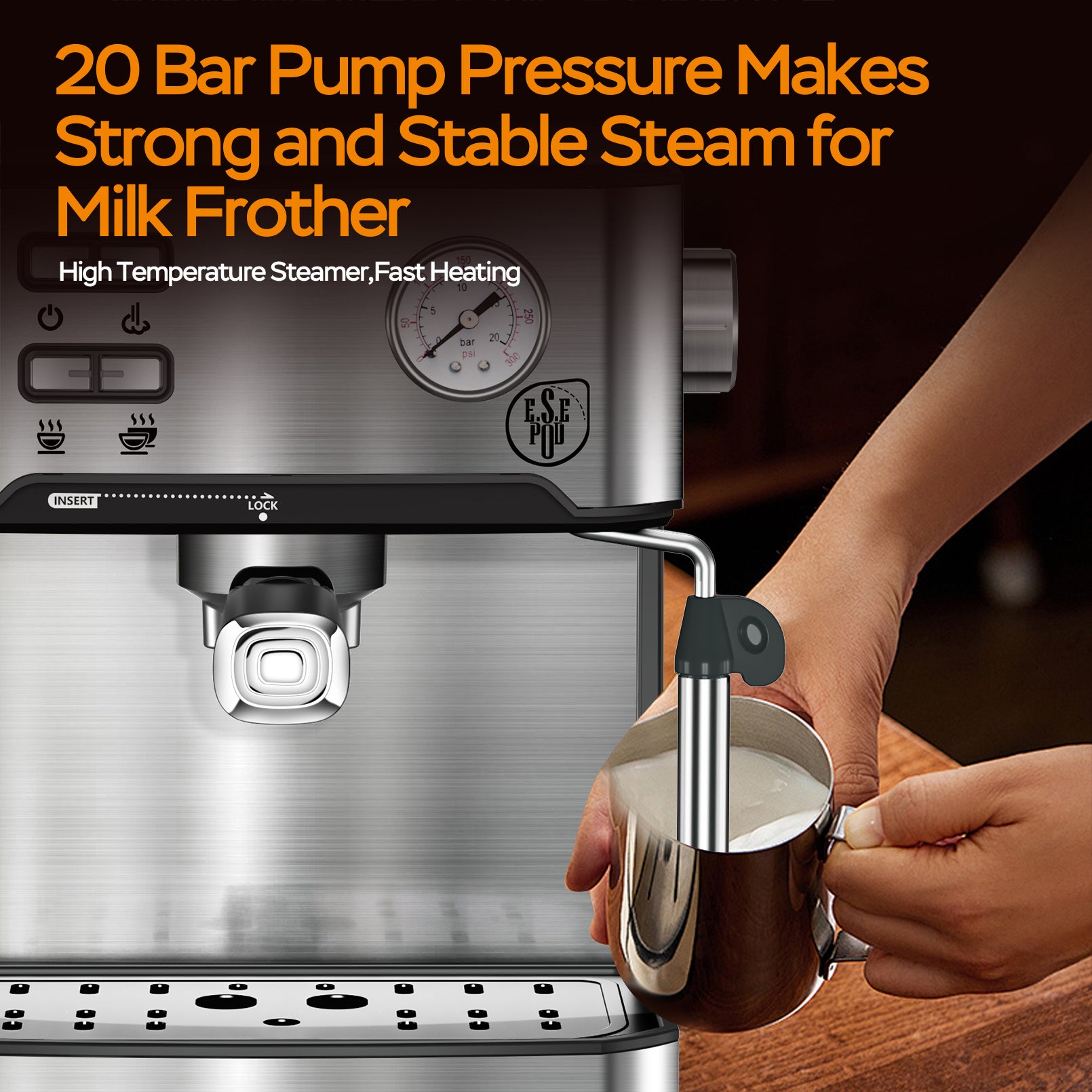 Stainless Steel Espresso Coffee Maker – 20 Bar Pressure with Steam Wand Frother