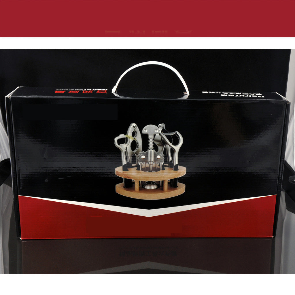 6-Piece Wine & Kitchen Tool Set – Zinc Alloy with Wooden Base