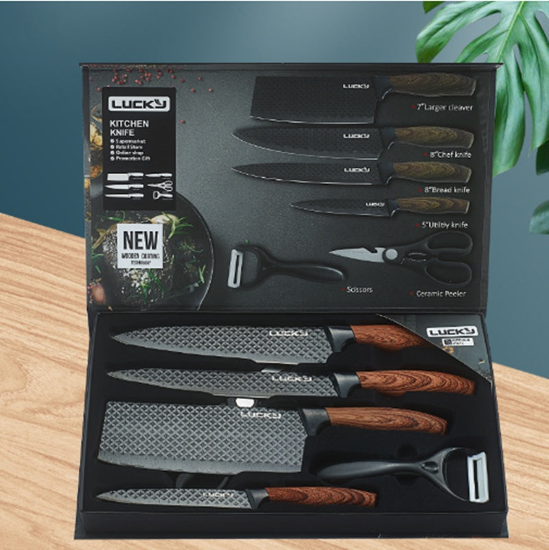 6-Piece Diamond Pattern Kitchen Knife Set – Non-Stick Coating