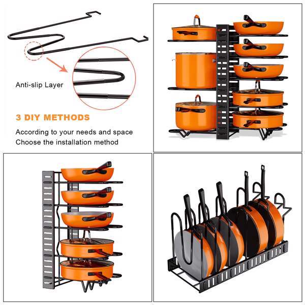 Adjustable 8-Tier Cookware Organizer Rack – Pot, Pan, and Lid Storage for Kitchen Cabinets