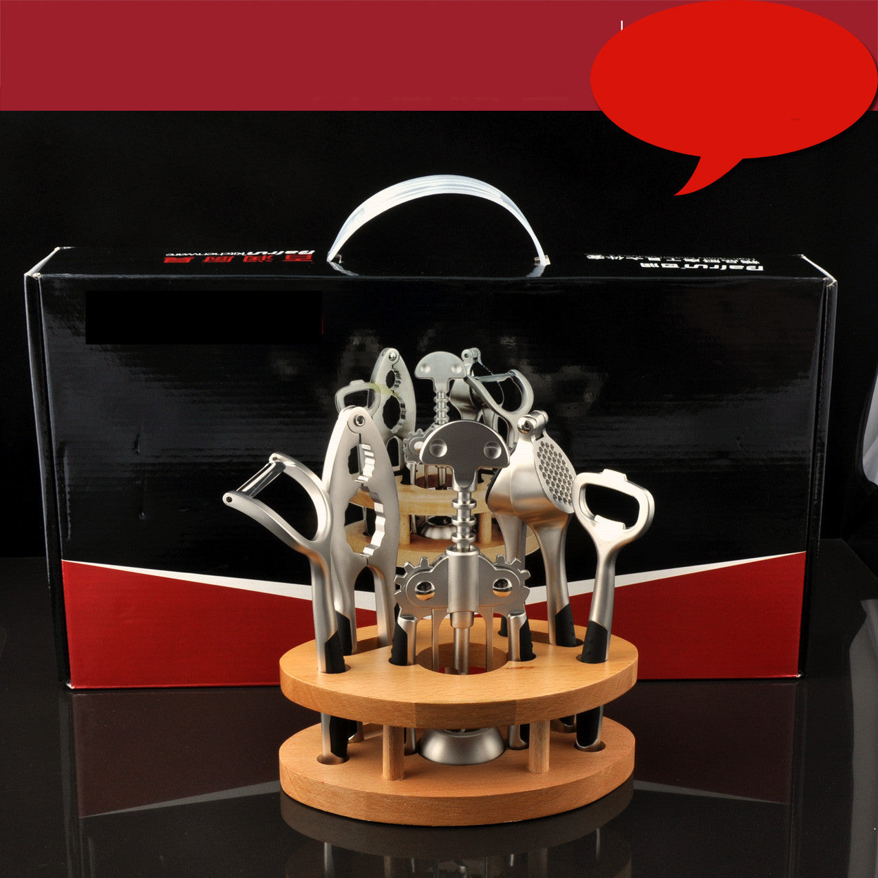 6-Piece Wine & Kitchen Tool Set – Zinc Alloy with Wooden Base