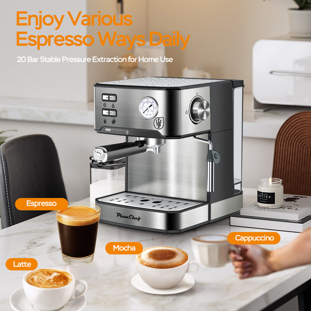 Stainless Steel Espresso Coffee Maker – 20 Bar Pressure with Steam Wand Frother