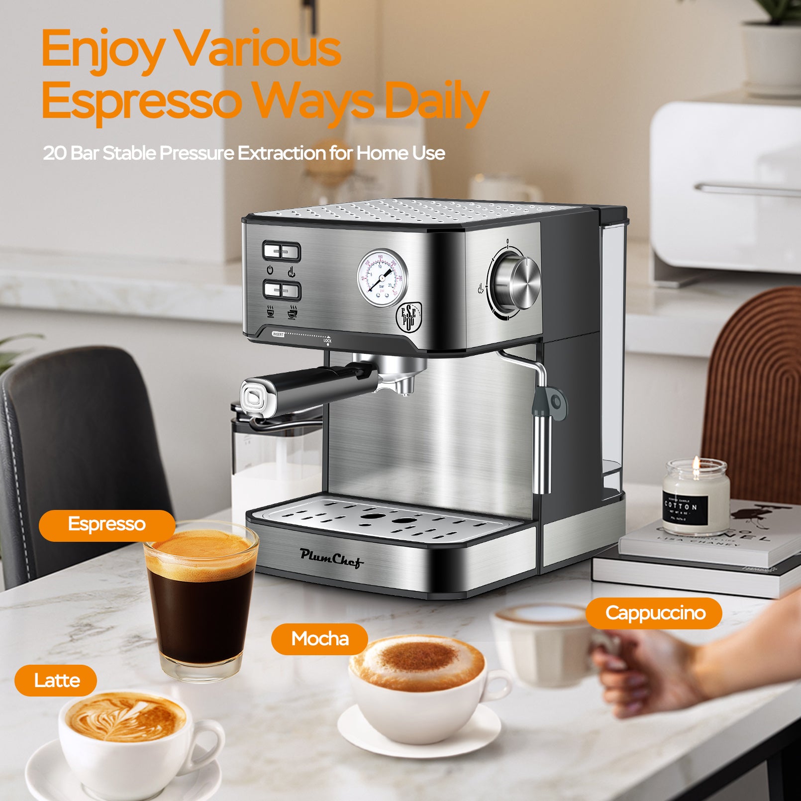 Stainless Steel Espresso Coffee Maker – 20 Bar Pressure with Steam Wand Frother