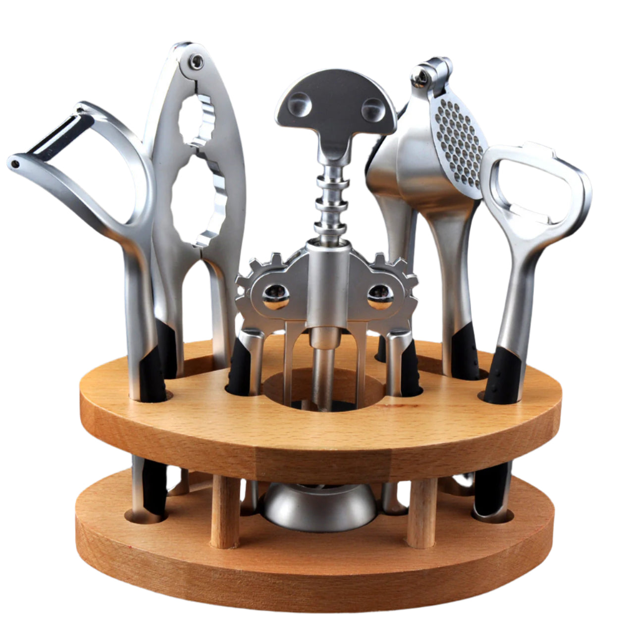 6-Piece Wine & Kitchen Tool Set – Zinc Alloy with Wooden Base