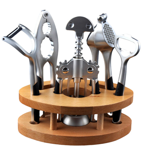 6-Piece Wine & Kitchen Tool Set – Zinc Alloy with Wooden Base