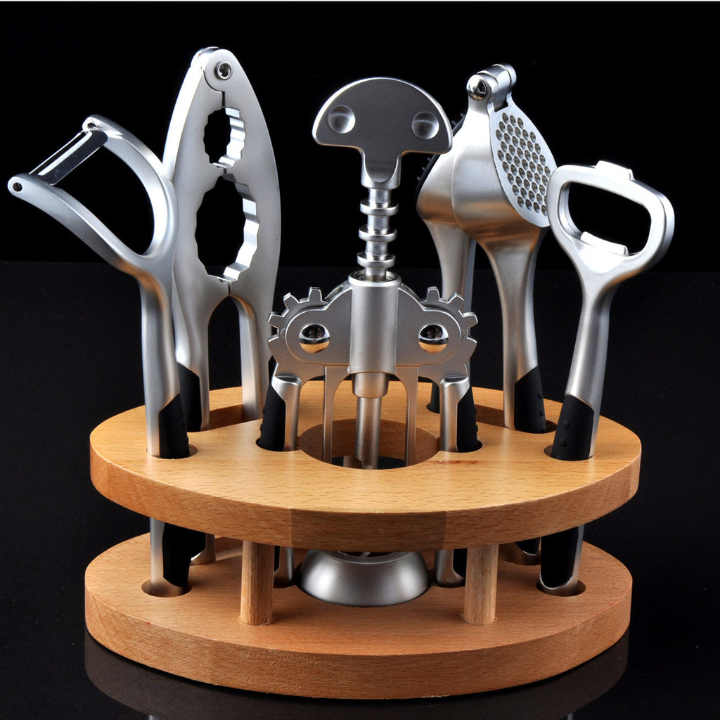 6-Piece Wine & Kitchen Tool Set – Zinc Alloy with Wooden Base