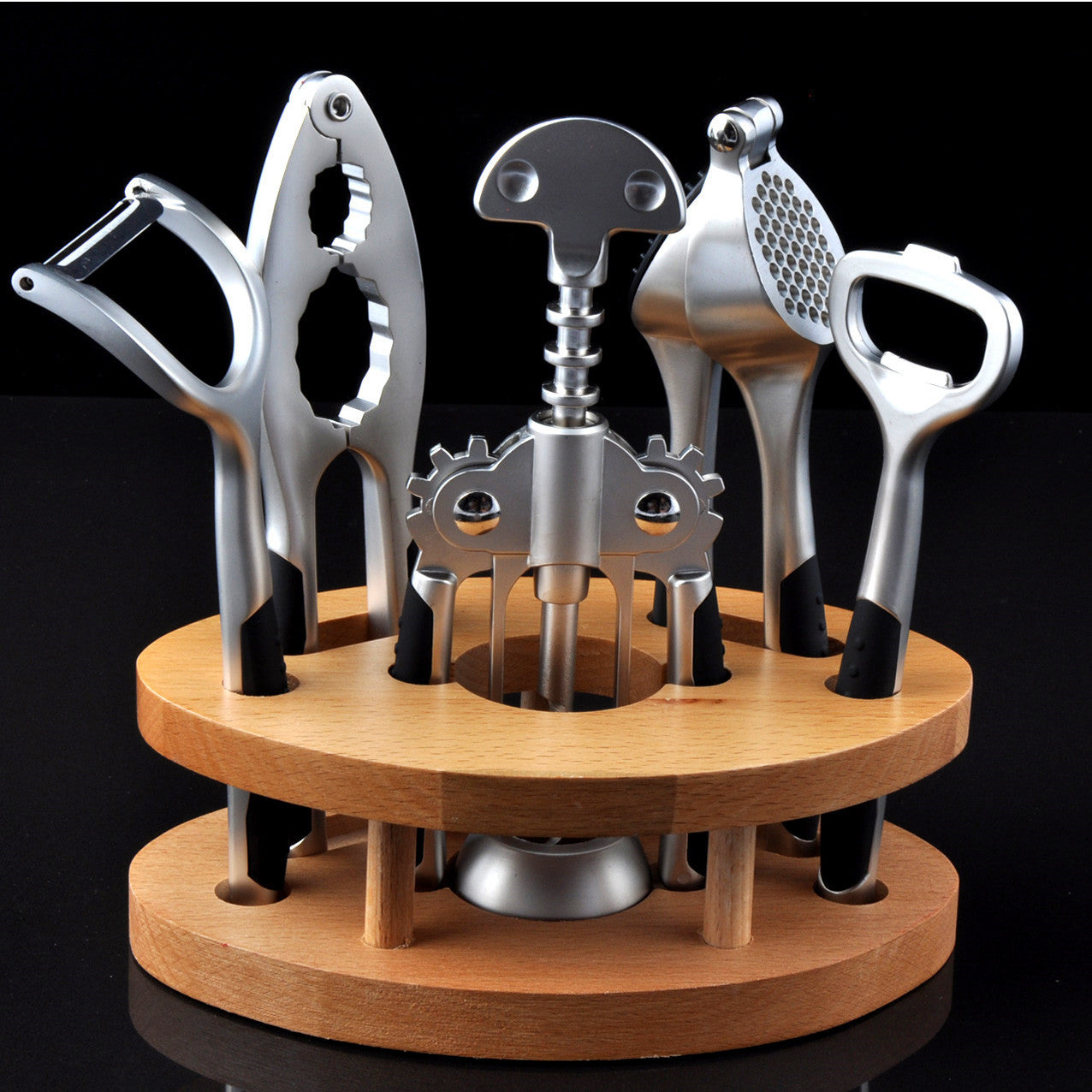 6-Piece Wine & Kitchen Tool Set – Zinc Alloy with Wooden Base