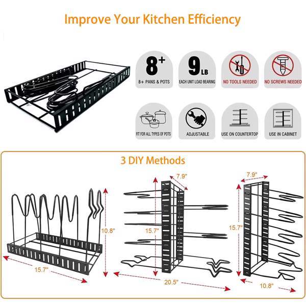 Adjustable 8-Tier Cookware Organizer Rack – Pot, Pan, and Lid Storage for Kitchen Cabinets
