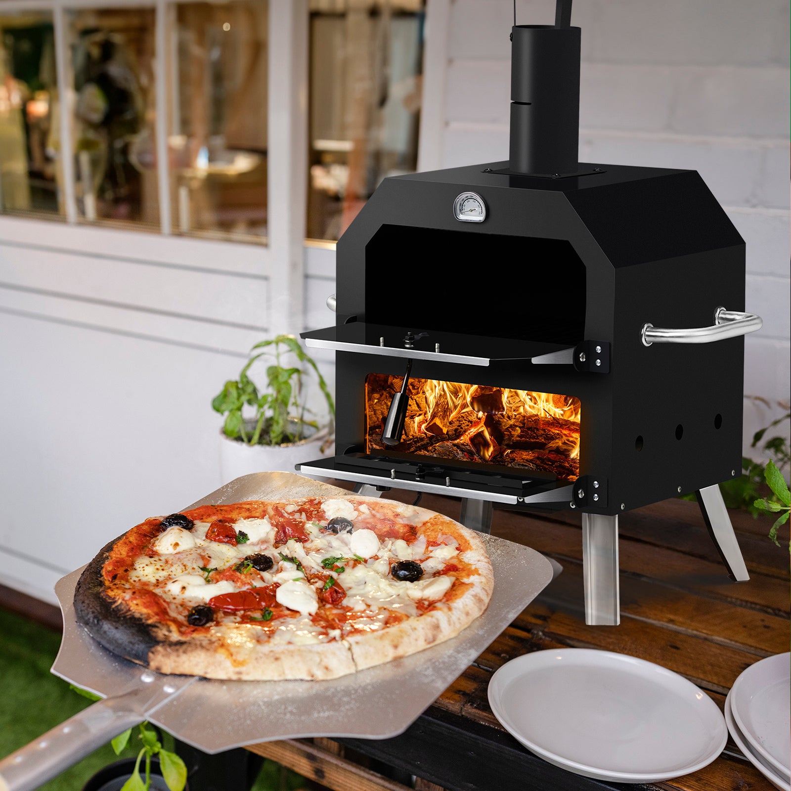 Portable Outdoor Pizza Oven – Double Layer, Folding Legs, Built-in Thermometer