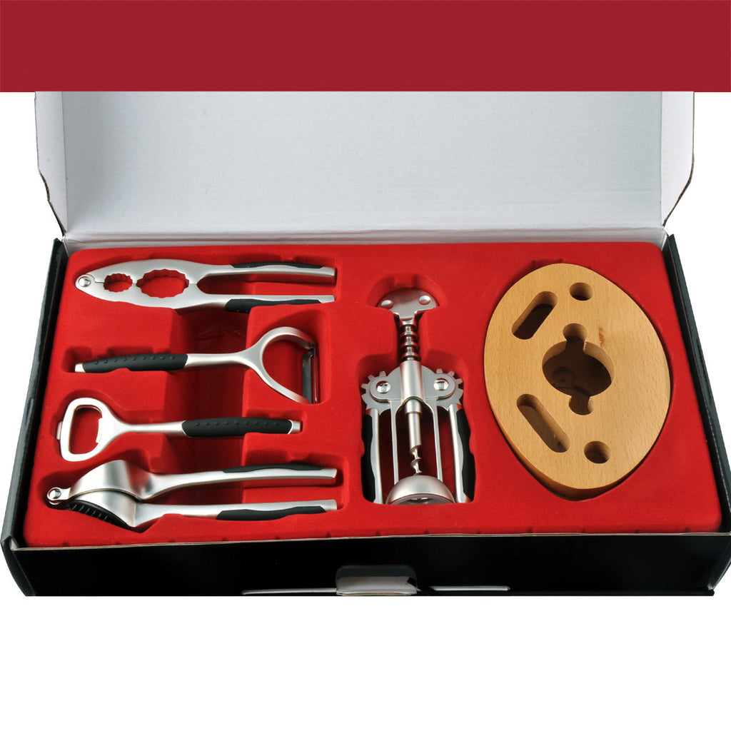 6-Piece Wine & Kitchen Tool Set – Zinc Alloy with Wooden Base