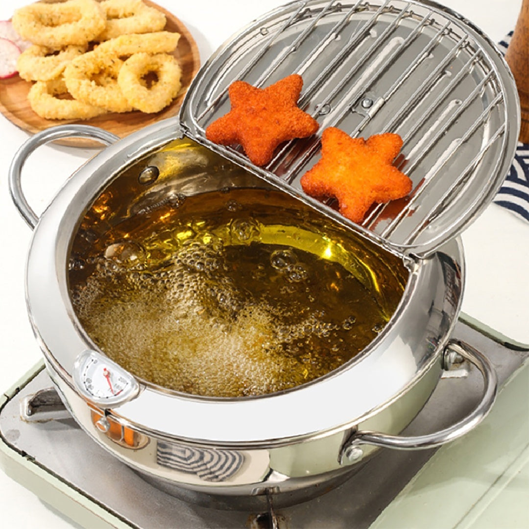 Stainless Steel Deep Fryer Pot – Tempura Frying Pan with Thermometer & Lid