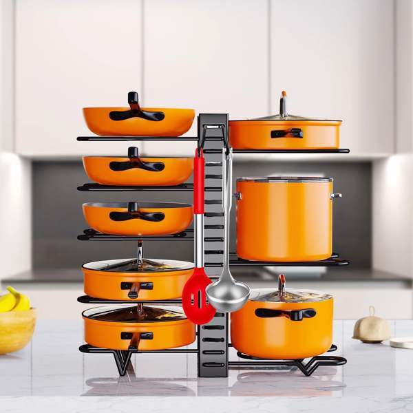 Adjustable 8-Tier Cookware Organizer Rack – Pot, Pan, and Lid Storage for Kitchen Cabinets