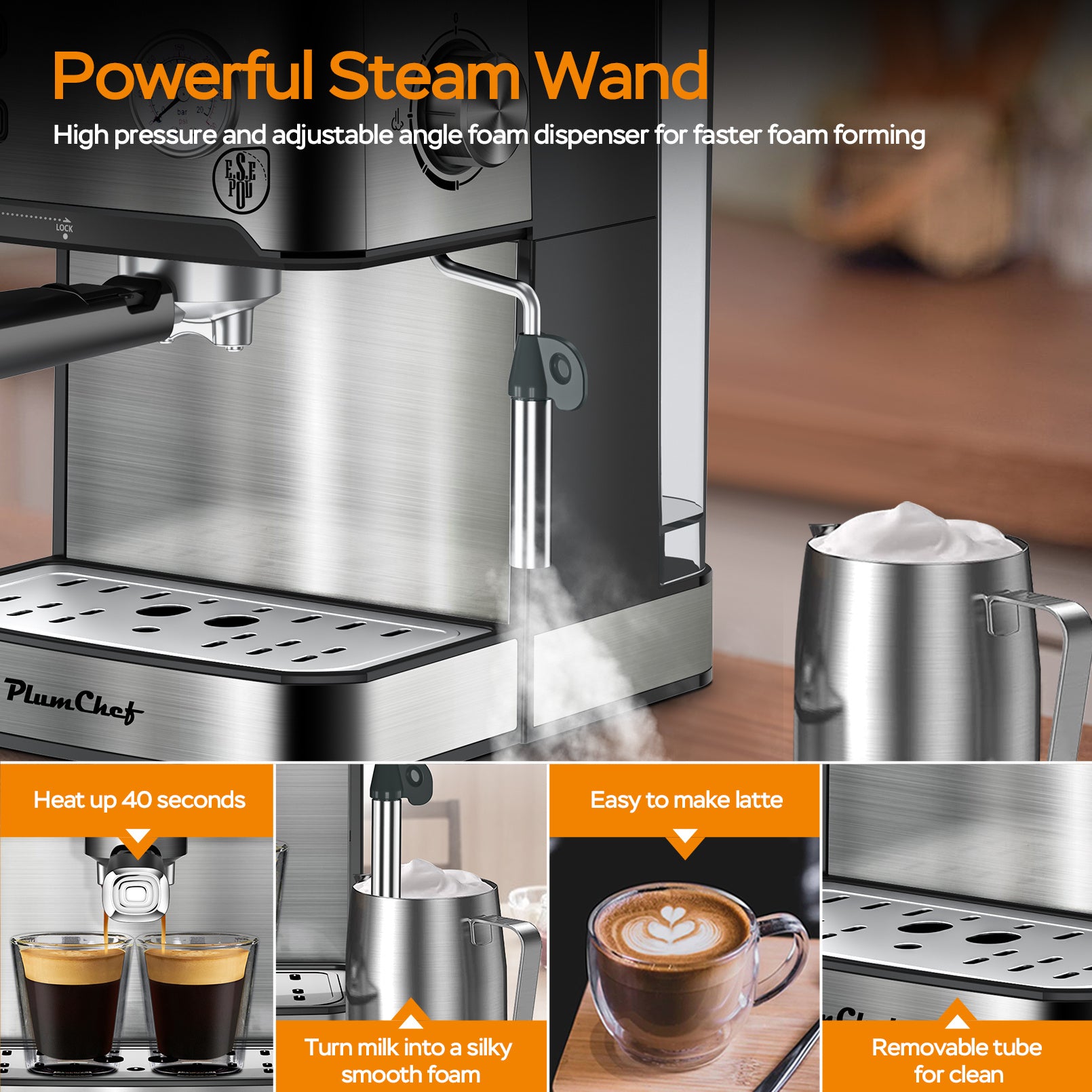 Stainless Steel Espresso Coffee Maker – 20 Bar Pressure with Steam Wand Frother