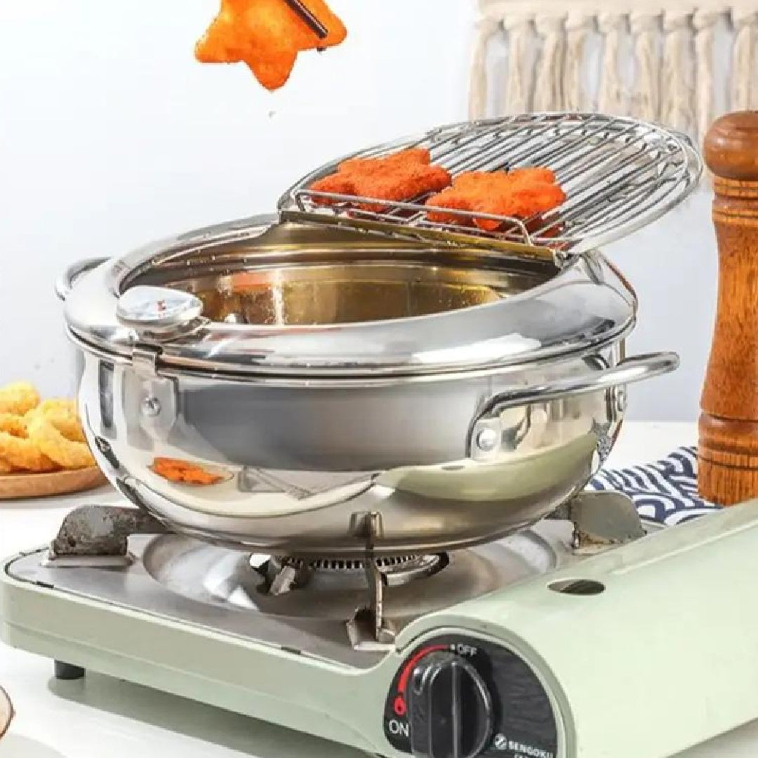 Stainless Steel Deep Fryer Pot – Tempura Frying Pan with Thermometer & Lid