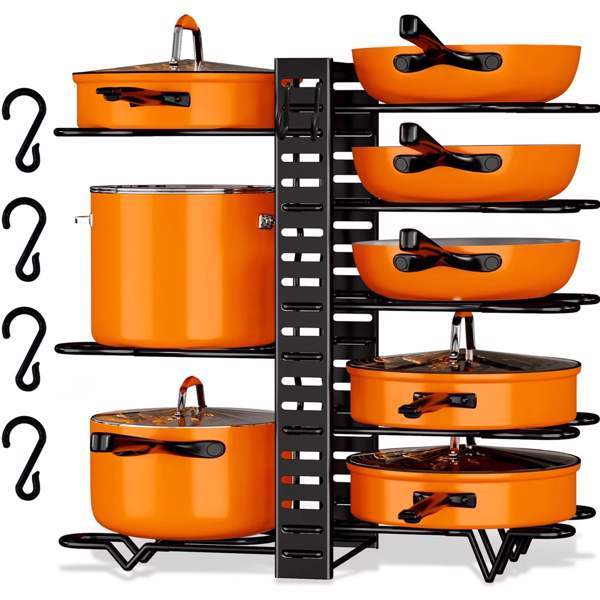 Adjustable 8-Tier Cookware Organizer Rack – Pot, Pan, and Lid Storage for Kitchen Cabinets