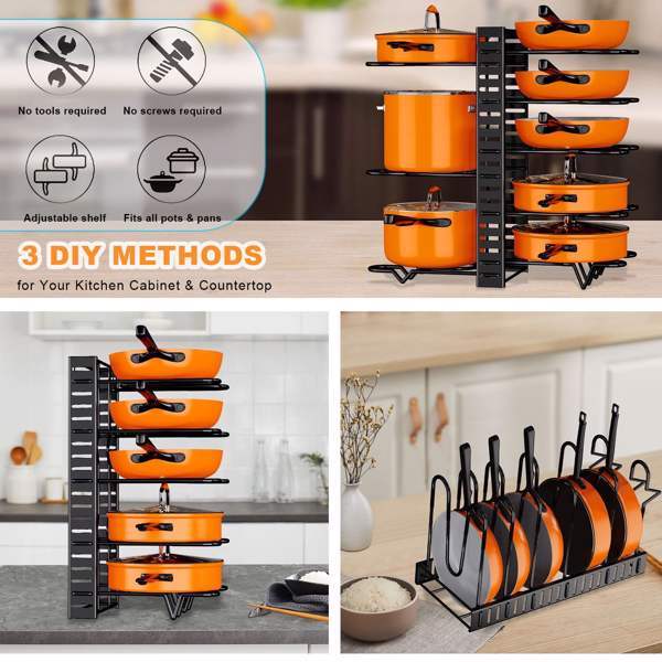 Adjustable 8-Tier Cookware Organizer Rack – Pot, Pan, and Lid Storage for Kitchen Cabinets