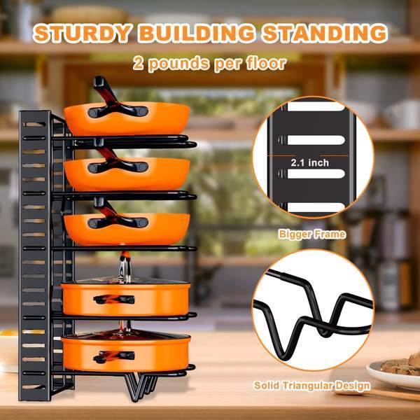 Adjustable 8-Tier Cookware Organizer Rack – Pot, Pan, and Lid Storage for Kitchen Cabinets