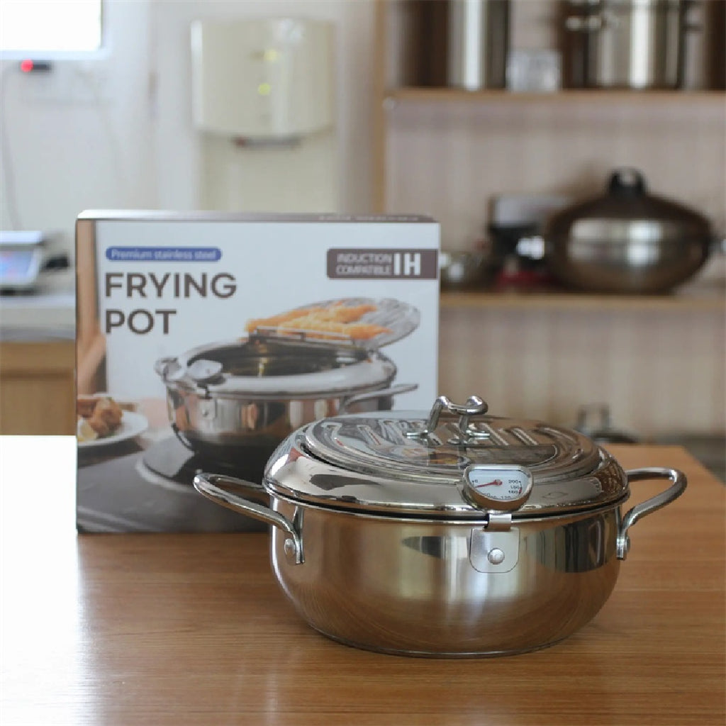 Stainless Steel Deep Fryer Pot – Tempura Frying Pan with Thermometer & Lid