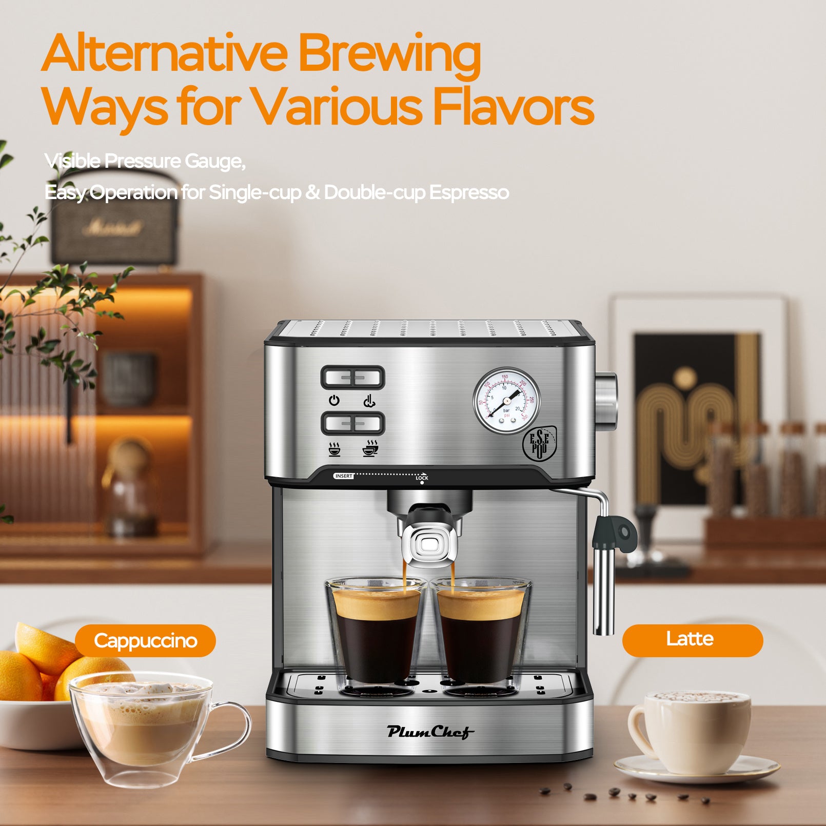 Stainless Steel Espresso Coffee Maker – 20 Bar Pressure with Steam Wand Frother