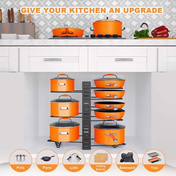 Adjustable 8-Tier Cookware Organizer Rack – Pot, Pan, and Lid Storage for Kitchen Cabinets