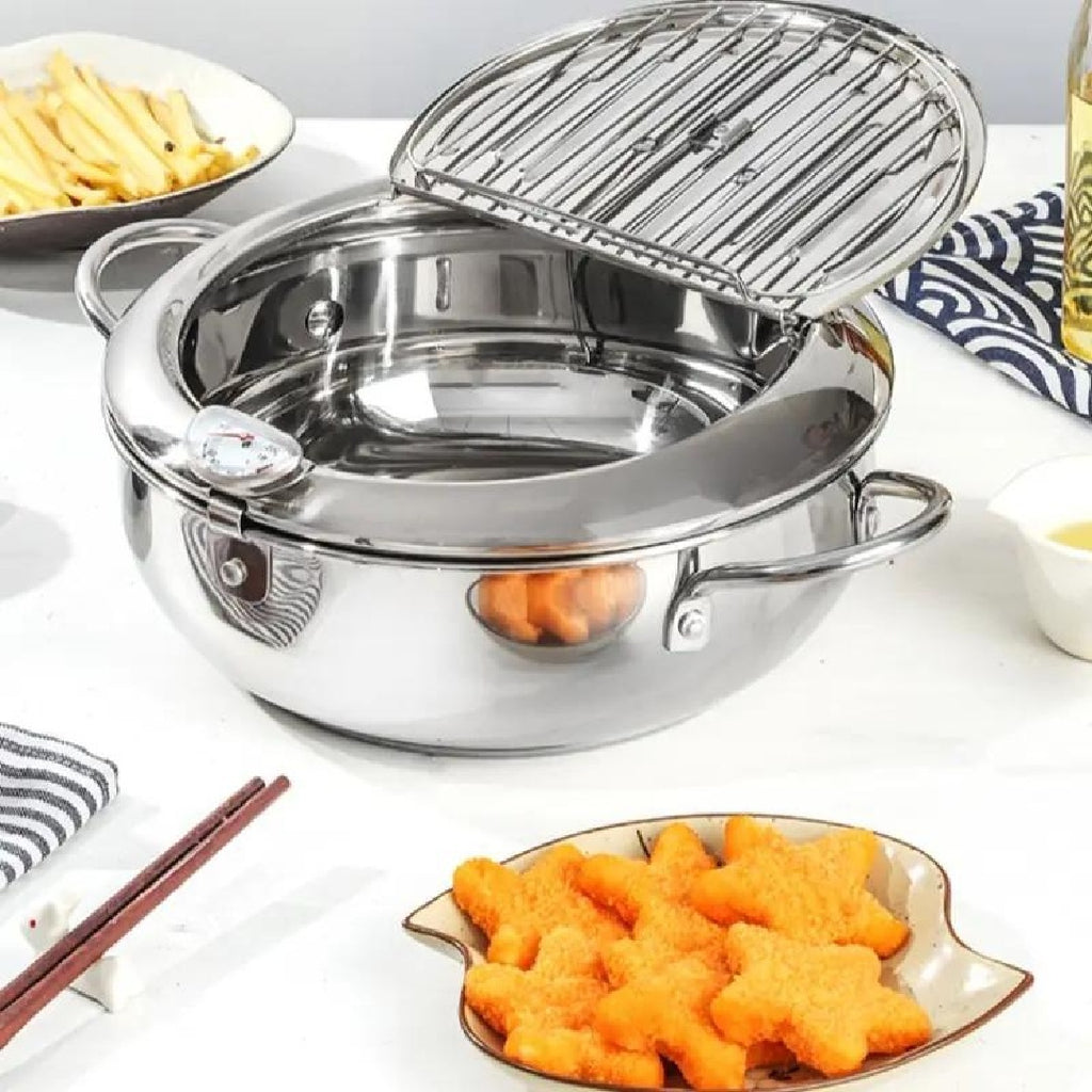 Stainless Steel Deep Fryer Pot – Tempura Frying Pan with Thermometer & Lid