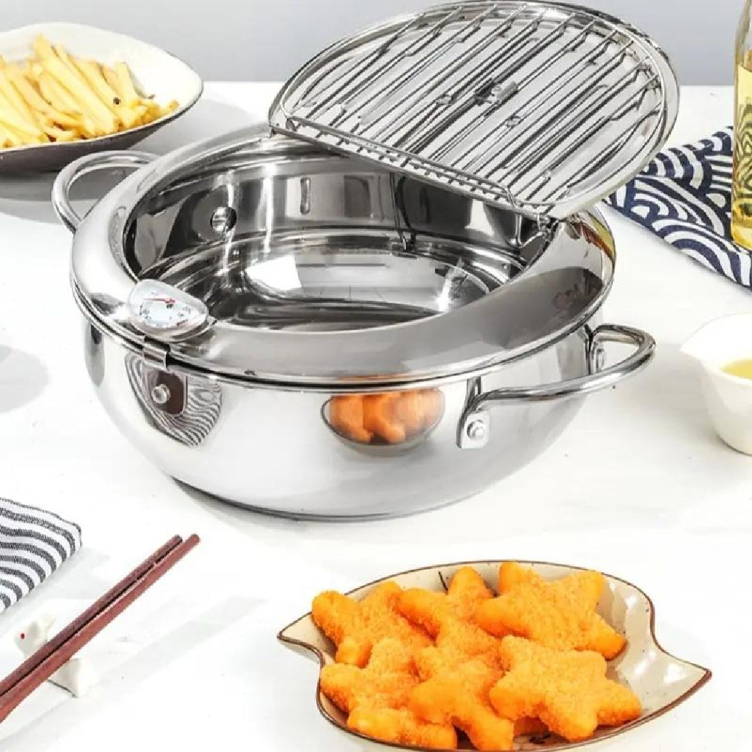 Stainless Steel Deep Fryer Pot – Tempura Frying Pan with Thermometer & Lid